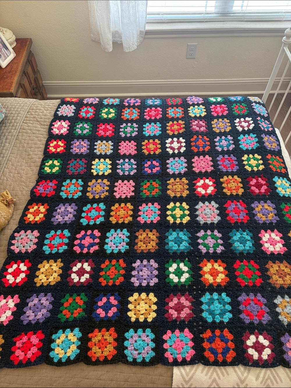 Handmade Crochet Granny Square Afghan Throw - Multicolor on Black